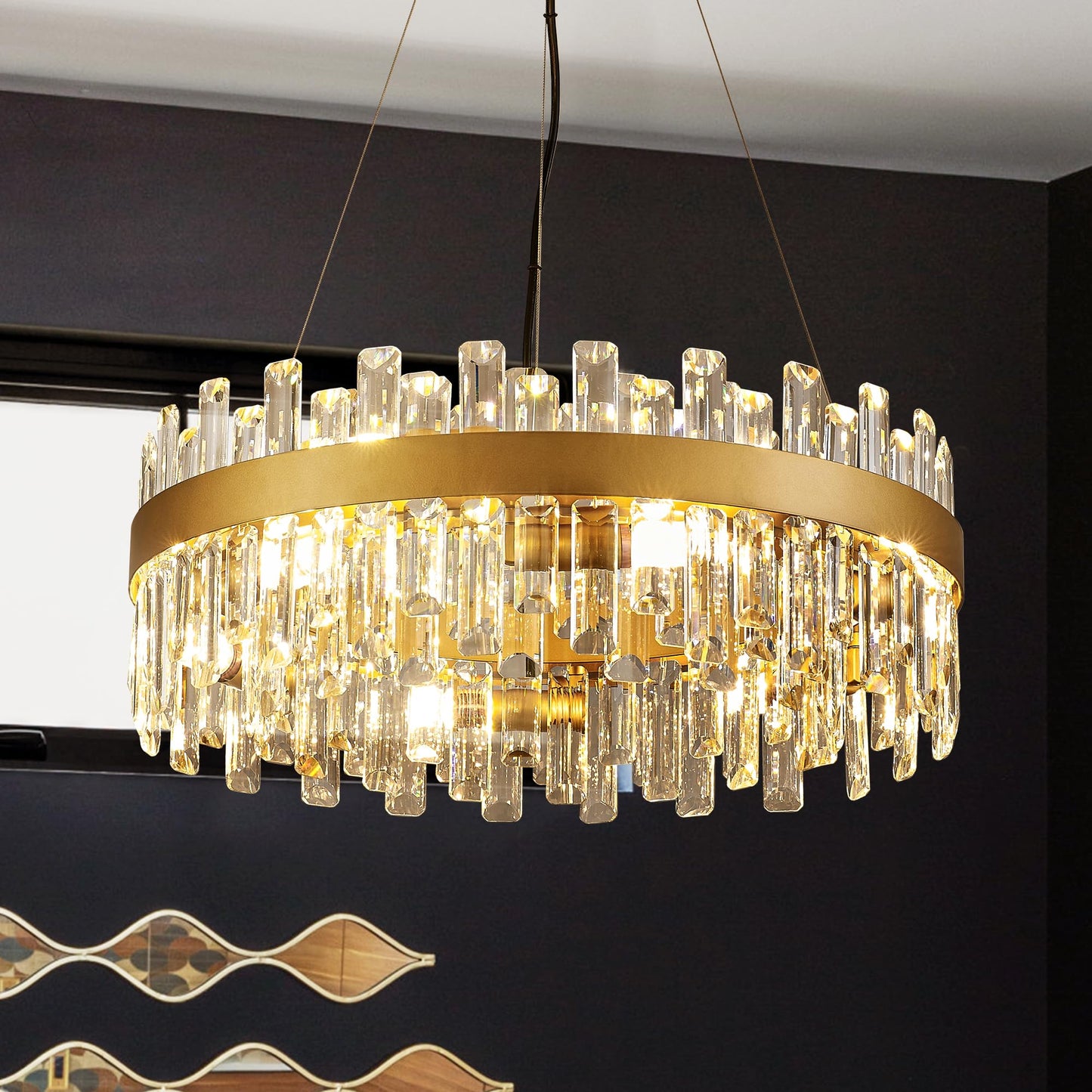 Lighceac 21.7 Gold Modern Crystal Chandelier Light Fixtures stylish 2 Rings Crystal Chandeliers For Dining Room 12-Light Round Hanging Pendant Lighting For Living Room Kitchen Island Entryway Bedroom
