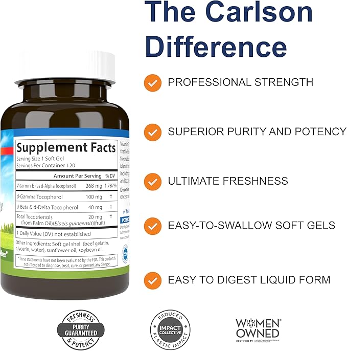 Carlson - E-Gems Elite, 400 IU (268 mg) Vitamin E with Tocopherols & Tocotrienols, Natural-Source, Vitamin E Capsules, Heart Health & Optimal Wellness, Antioxidant, Vitamin E Supplement, 120 Softgels