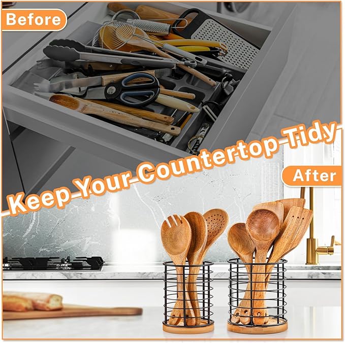 2 Pieces Utensil Holders, 5.1*5.1*5.8 and 3.7*3.7*5.8 inches Kitchen Utensil Holders, Metal Black Crocks with Wooden Base, Easy to Drain