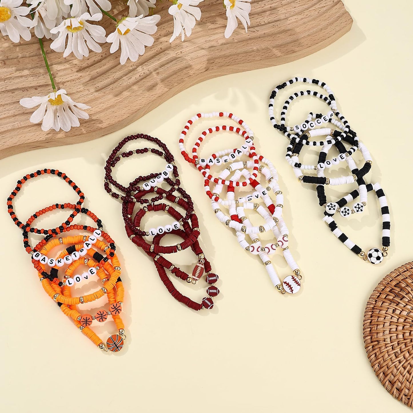 Taouzi Sports Party Favors Bracelets Soccer Football Baseball Basketball Beaded Bracelets for Women Inspirational Sports Theme B