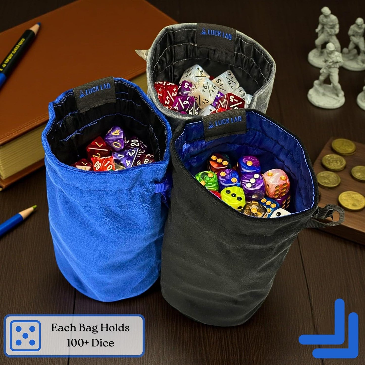Luck Lab Velvet Drawstring Dice Bag - Set of Three Colors - Dungeons and Dragons Fabric/Standing Cotton Fabric Dice Bags/D&D Dice Pouch/Small Pouch/Velvet Jewelry Bag (Blue, Black, Grey)