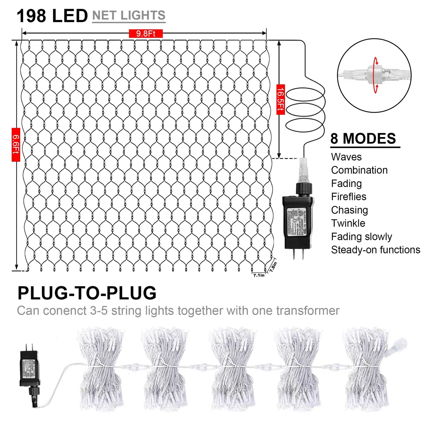 198 Led Christmas Net Lights Plug In  9.8 Ft X 6.6 Ft Red Green Waterproof Net Lights Outdoor  8 Twinkle Modes Mesh Fairy Light For Xmas Tree Bush Garden Ceiling Holiday Decoration