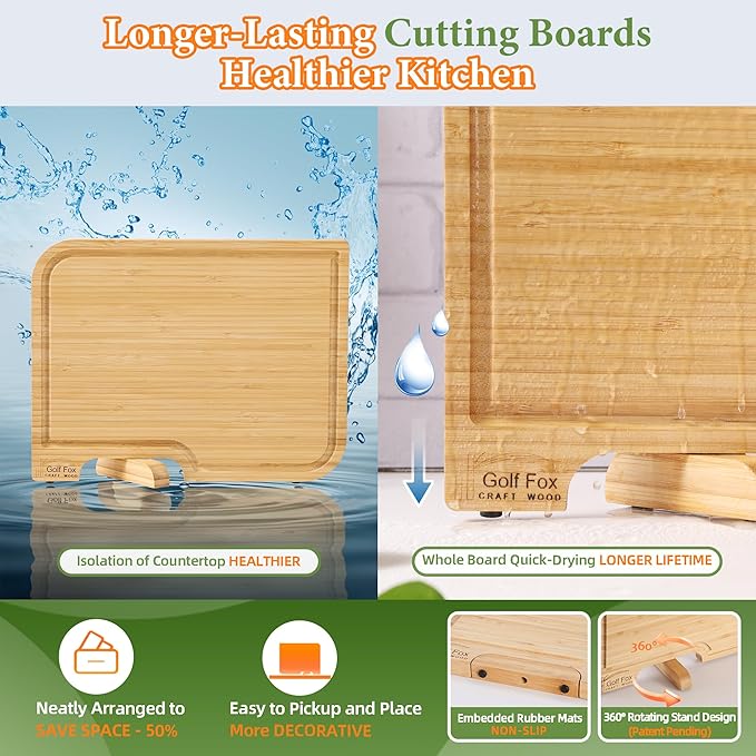 2-PCS Bamboo Cutting Board Set, Wood Cutting Board for Kitchen with Innovative Stand, Juice Groove & Handle, Double Sided for Chopping & Charcuterie Board, Kitchen Gift for Home Cooks, For Meat &Fruit