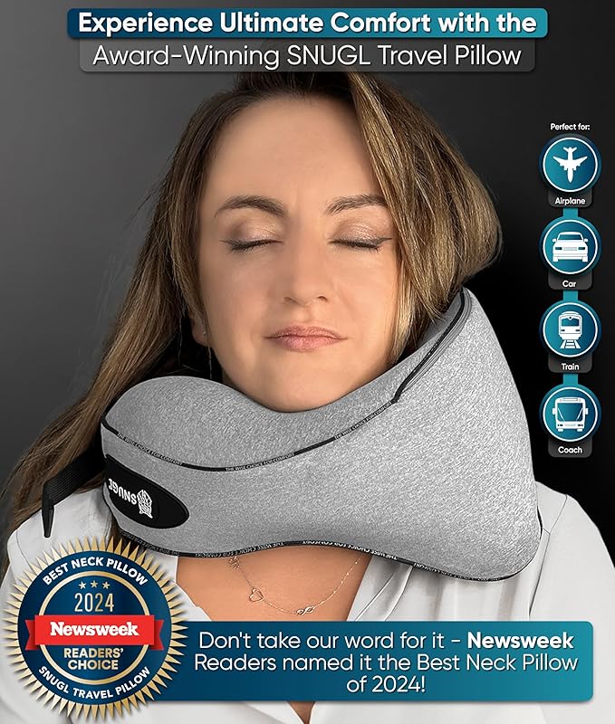 SNUGL Neck Travel Pillow - Memory Foam Airplane Pillow - Flight Pillow | Neck Support Travel Pillow with Carry Bag & Clip | Neck Pillows for Sleeping Travel Plane | Flying Travel Essentials - Grey