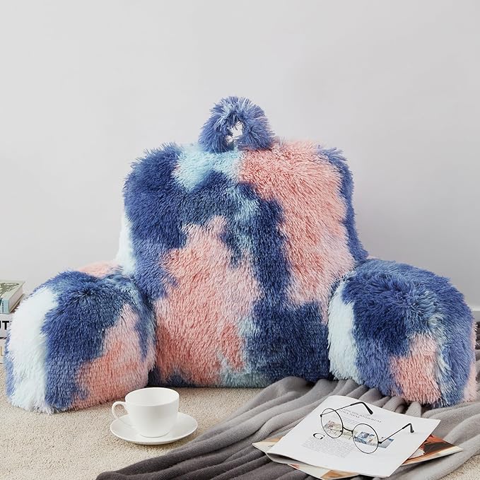 Fluffy Fur Reading Pillow for Adults & Kids Unisize, Stylish Back Pillow for Bed Sitting Up, Bed Chair Pillow with Arms, Adorable Gift for Teens, Bed Rest Sit Up Back Support Pillow
