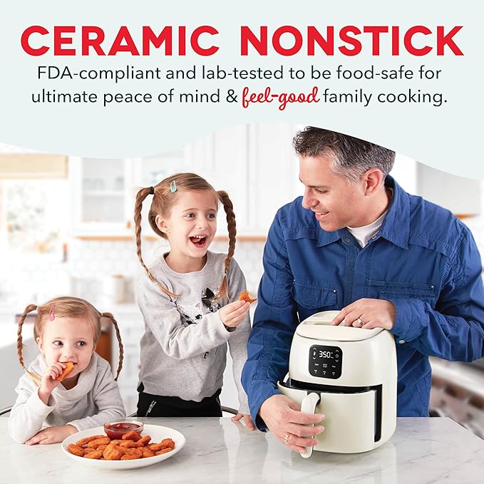 DASH Tasti-Crisp™ Ceramic Air Fryer Oven, 2.6 Qt., Cream – Compact Air Fryer for Healthier Food in Minutes, Ceramic Nonstick Surface, Ideal for Small Spaces - Auto Shut Off, Digital, 1000-Watt