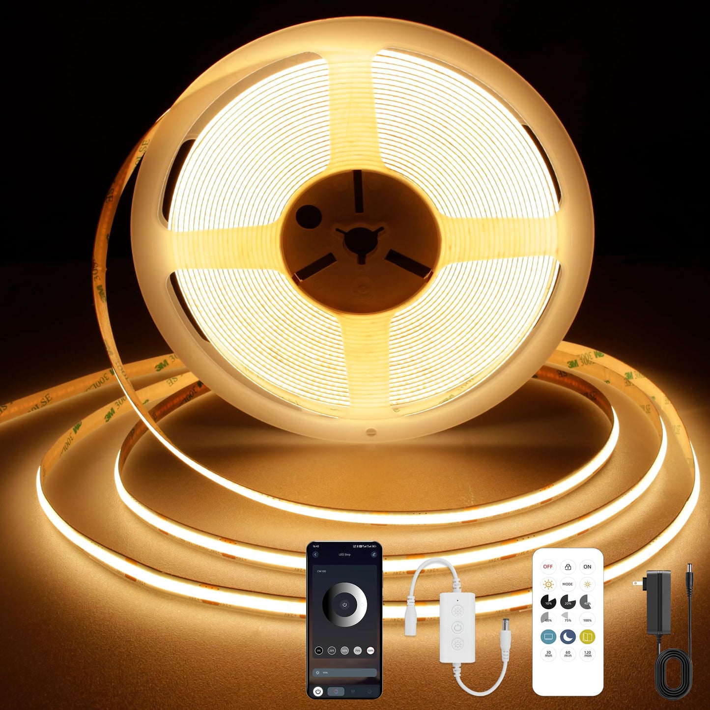 Auziwe Cob Led Strip Light 2700K  24Ft Dimmable Warm White Led Strip Light  Cri92+  Dc24V Tape Light With Rf Remote Timer Function  Bluetooth App Control For Home Bedroom Kitchen Diy Lighting.