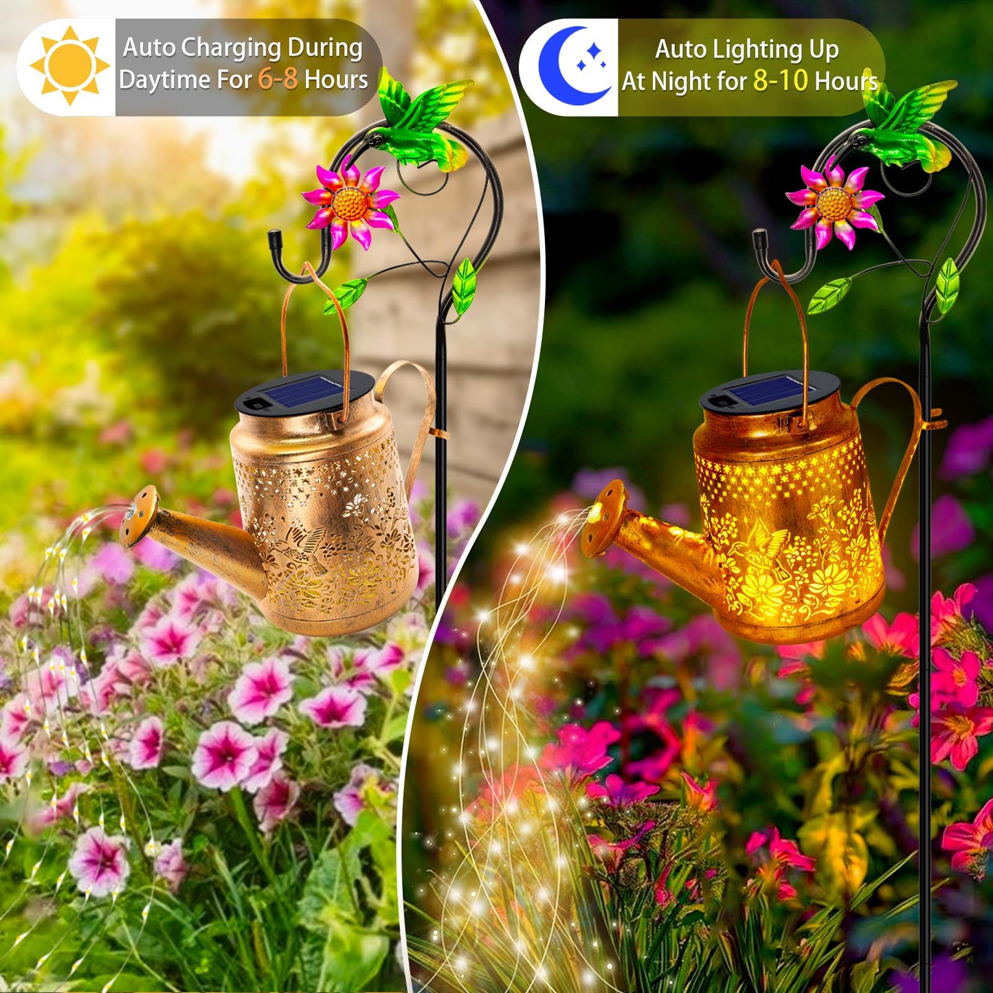 Solar Lanterns Outdoor Waterproof  Hummingbird Flower Watering Can Garden Decor  Hanging Lights Path Lights Yard Patio Decorations Gardening Birthday Gift For Mom Grandma Girlfriend With Shepherd Hook