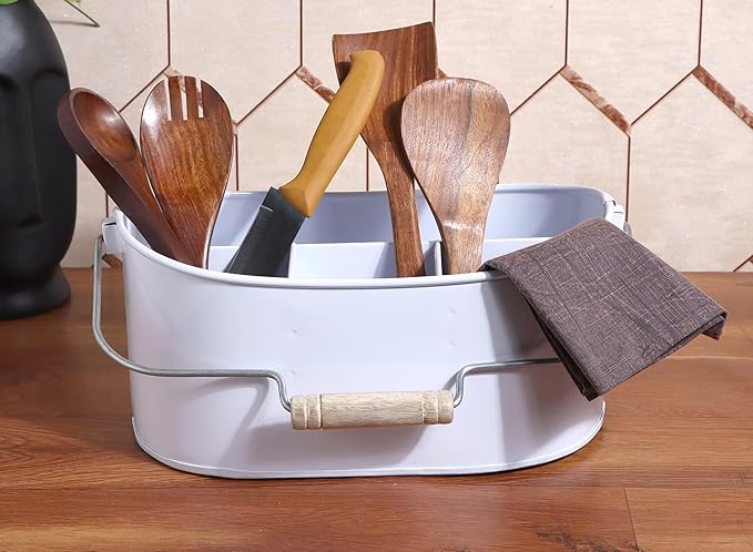 Alpha Living Home Farmhouse 4-Section Galvanized Utensil Caddy - Versatile Organizer for Kitchen, Party & Outdoor Events Rustic Silverware Holder, Cutlery Organizer, Picnic (White)