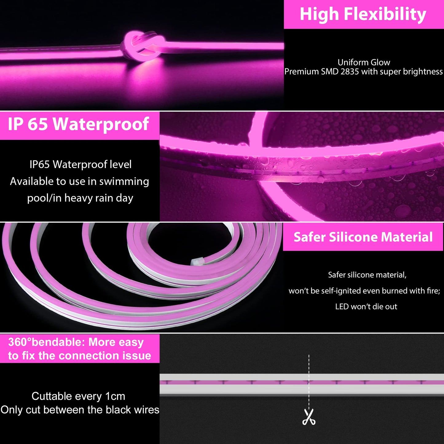 Lamomo LED Neon Flex Strip, 16.4ft Pink Waterproof Silicone Light for Indoor/Outdoor Decoration