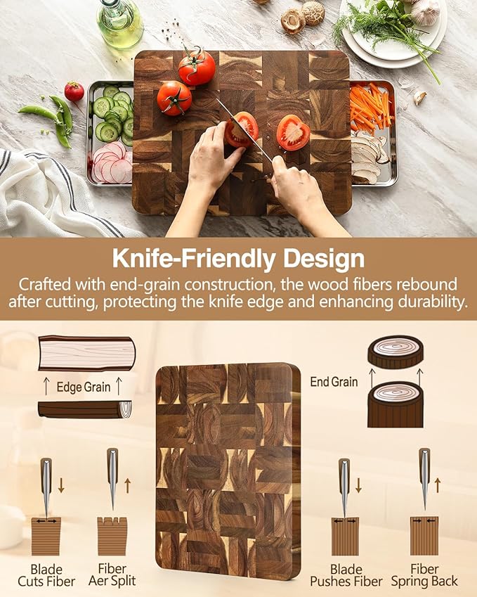 XINZUO Large Thick End Grain Acacia Wood Cutting Board -(16‘’L x 12''W x 1.6''T)-Dark Wood Cutting Board,Reversible Wooden Chopping Board with Non-Slip Feet-Catches Food and Waste-Giftbox