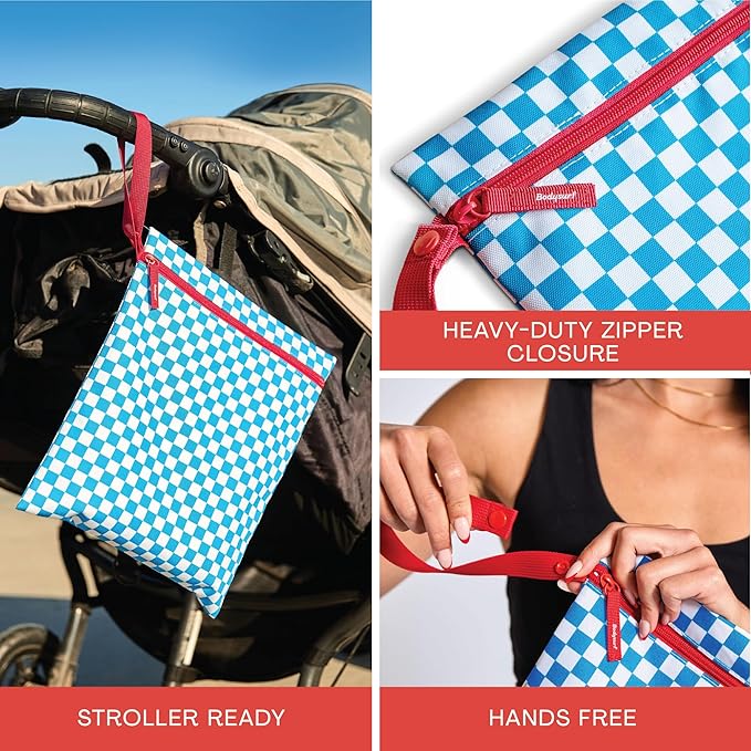Bodysurf Wet Bags for Baby, Toddlers, Kids – 2 Pack Large Reusable Wetbag for Swimsuits, Diapers, Daycare, Gym, Laundry – Waterproof Diaper Bag Accessory & Baby Travel Essentials (Checkered, Blue)