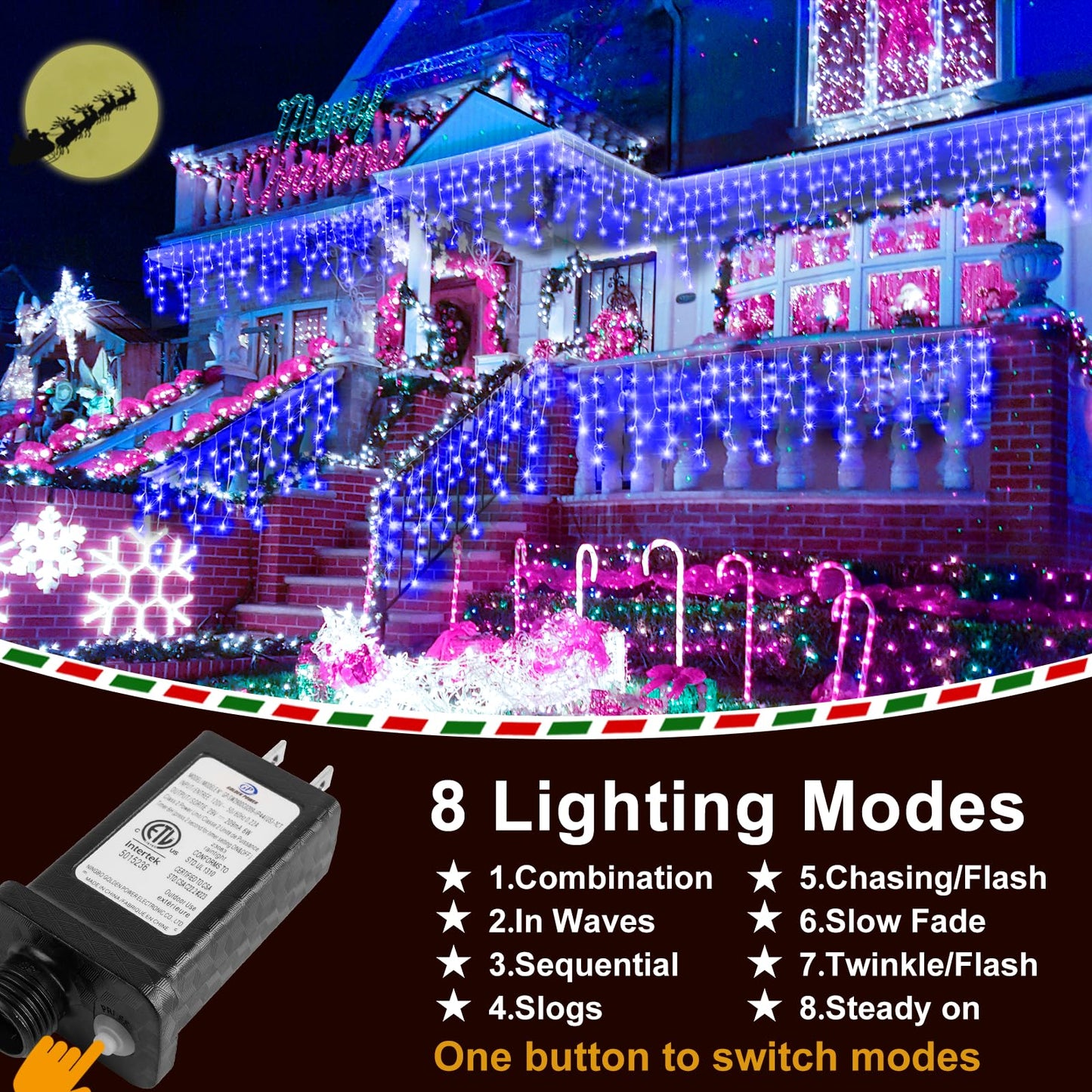 KNONEW Outdoor Decorative String Lights, 1216 LED, 99ft, 8 Modes, Clear Wire, Blue ??? Christmas, Wedding, and Holiday Decorations