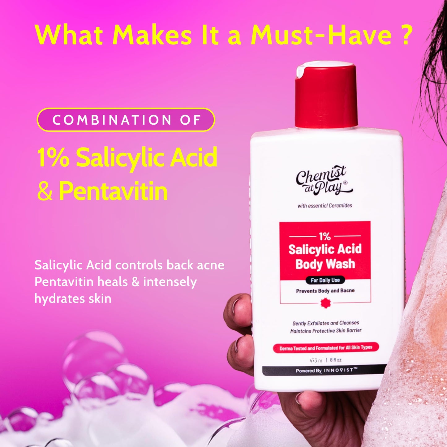 Chemist at Play 1% Salicylic Acid Body Wash 473ml | Paraben & SLS Free | Gentle Exfoliating Shower Gel | Prevents Body Acne, Bum