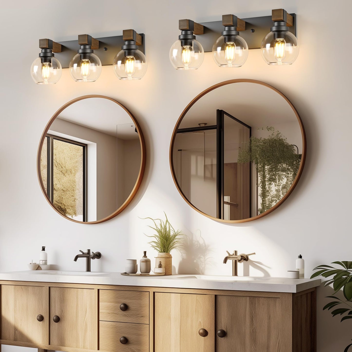 Farmhouse Bathroom Vanity Light Fixtures  3-Light Wood Bathroom Light Fixtures Over Mirror  Rustic Sconces Wall Lighting With Glass Shade For Living Room  Bedroom  Hallway