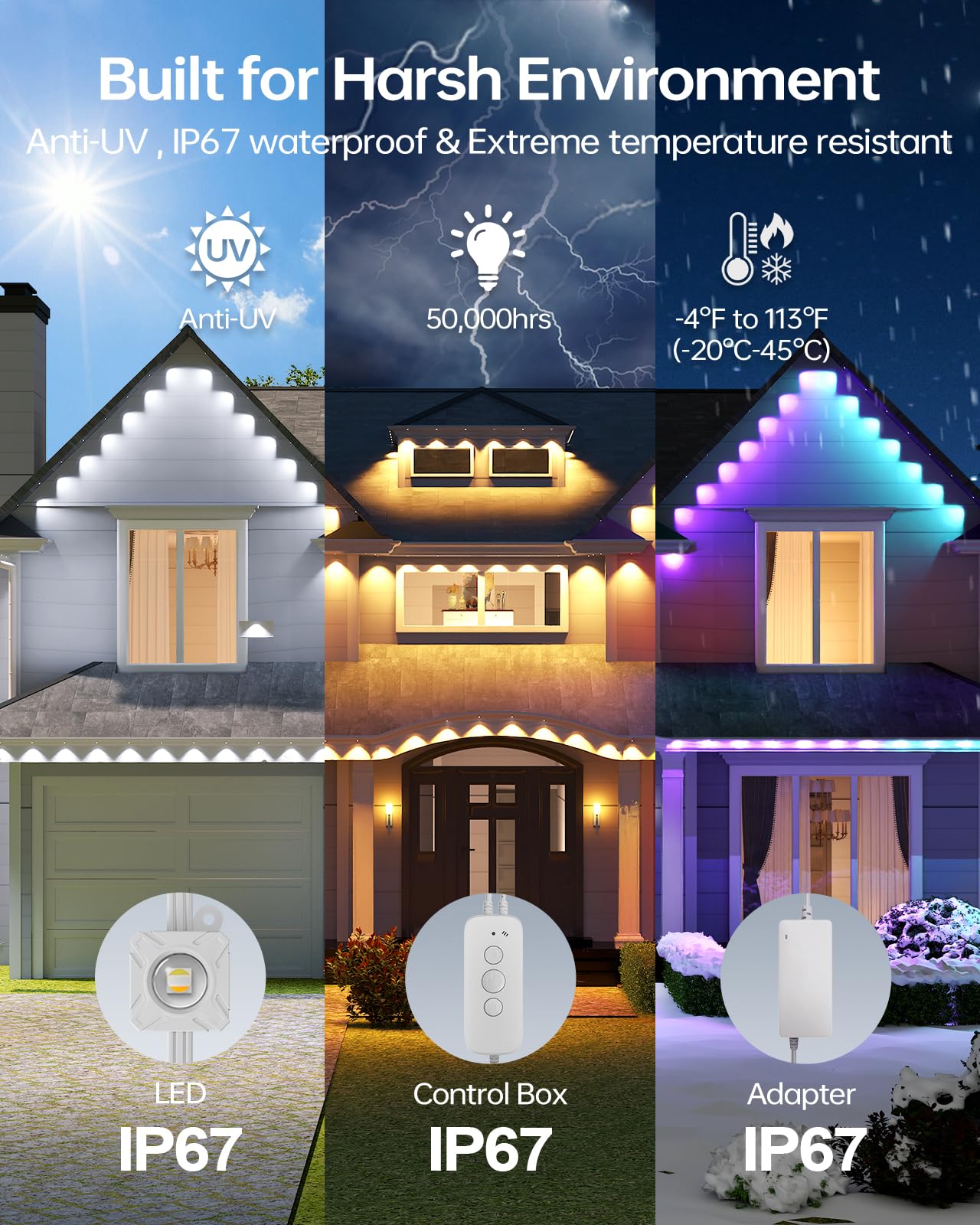Asahom Permanent Outdoor Lights Pro S108E  300Ft With 216 Rgbcw Leds  Wled Integration  Ai Lighting  30000 Lighting Effect Combinations  Ip67 Waterproof For Halloween Christmas Daily Decor  White