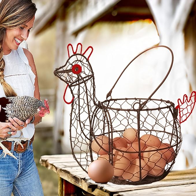 TAIANLE. Chicken Wire Egg Basket for Gathering Fresh Eggs Collecting Basket with Handle, Vintage Rooster Chicken Shaped Fruit Bowl for Home Farm Decor Organizer for Kitchen Countertop