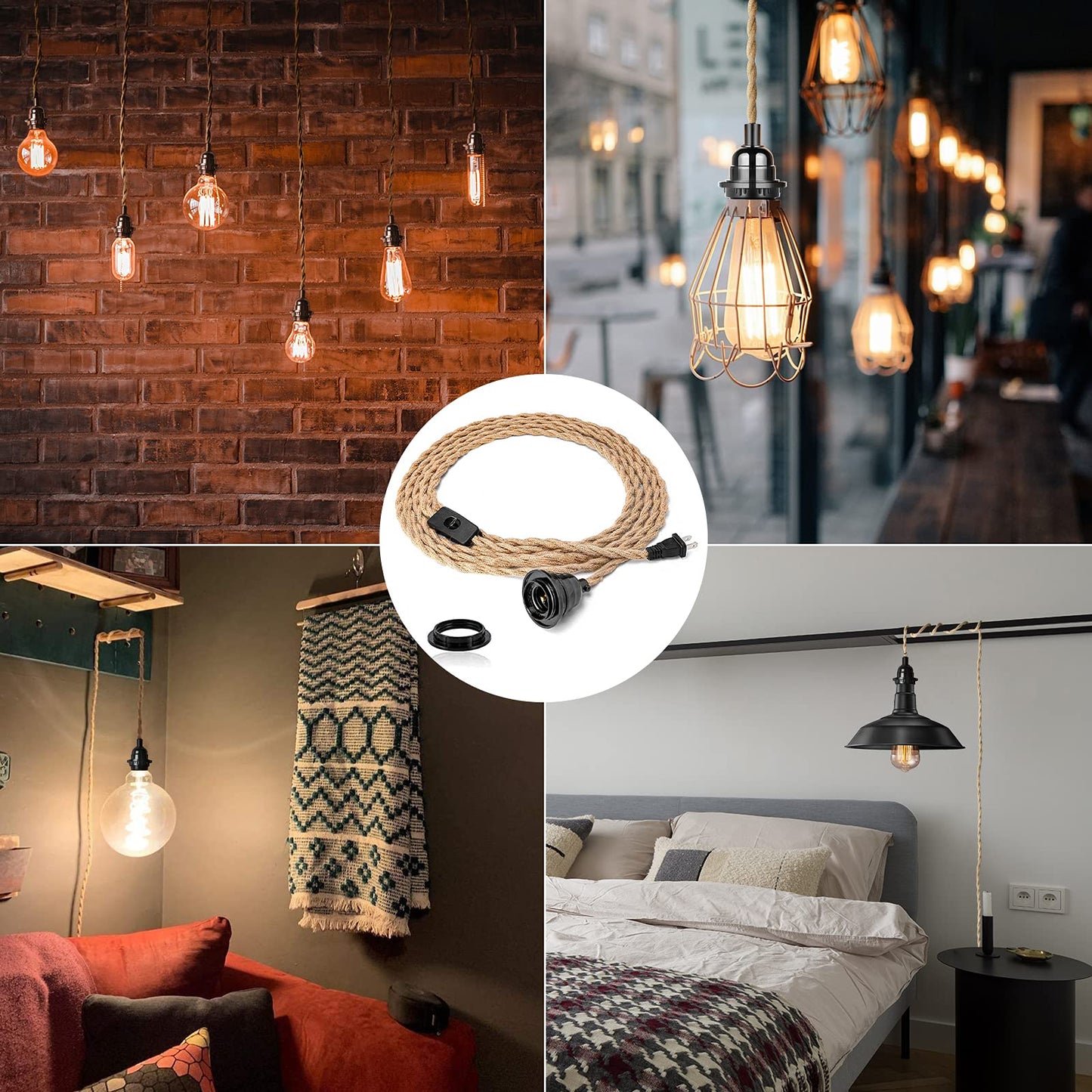 HURYEE Plug in Hanging Light Fixture, 15FT Hemp Rope Pendant Lamp, E26 Bulb Socket, Yellow, Model RP50-1