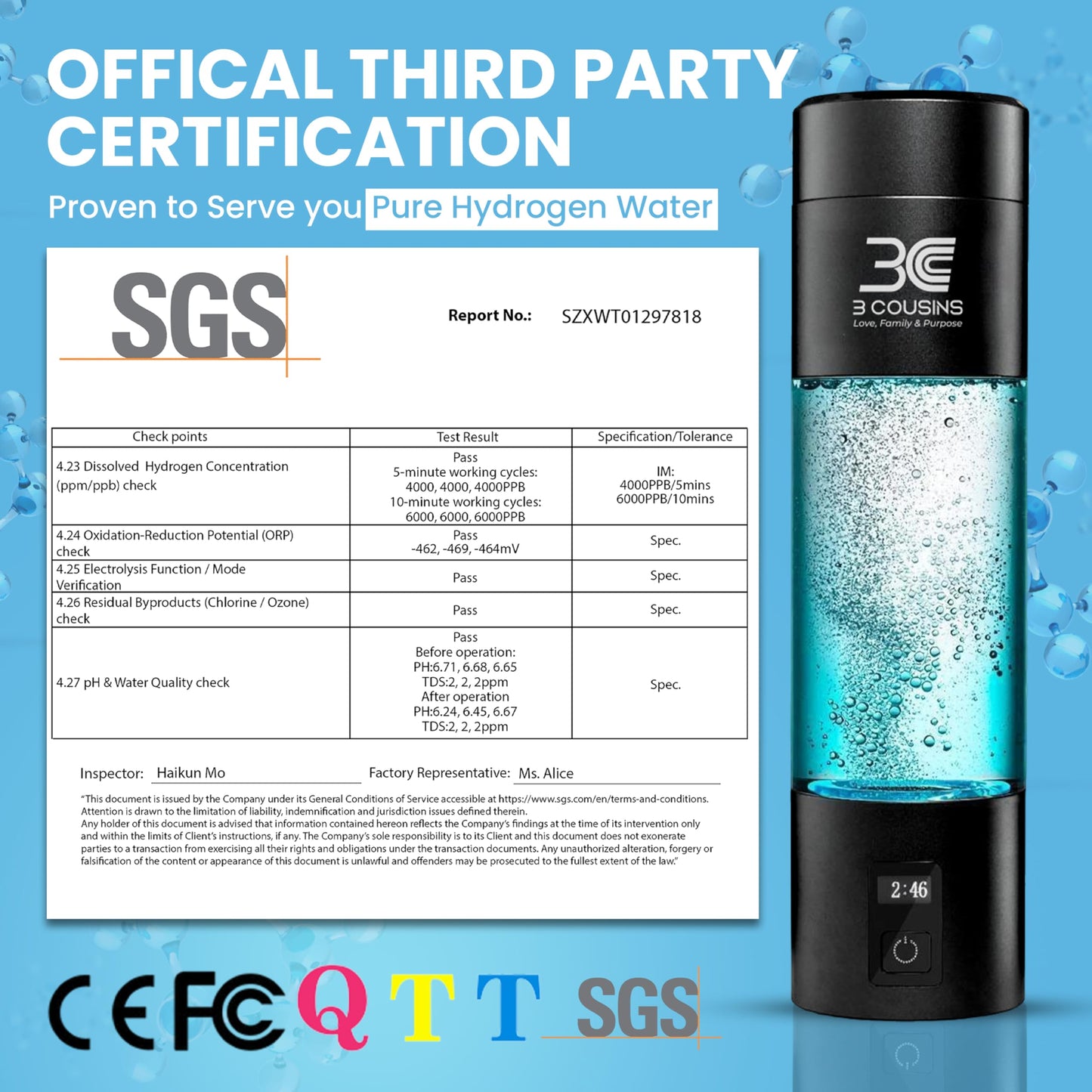 3C Hydrogen Water Bottle – Boost Energy, Detox & Speeds Recovery – Certified H₂ Generator (Up to 6000+ PPB) – Japanese SPE/PEM Tech – 5 & 10 Min Dual Modes with LED Display, USB-C Rechargeable, 9.1 OZ
