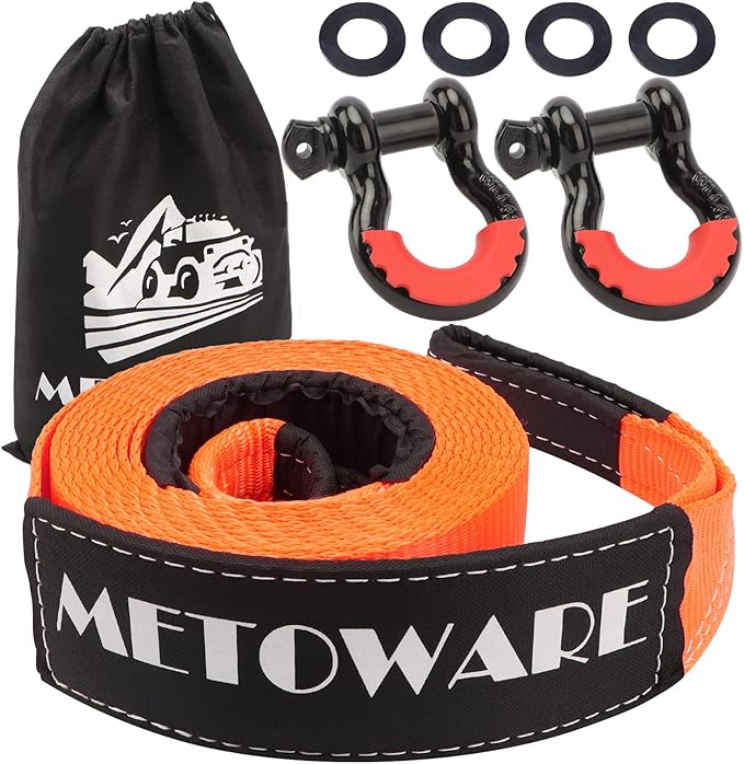 METOWARE Heavy Duty Tow Strap Recovery Kit - 3" x 20ft(35,000lbs) Tree Saver Winch Strap + 3/4" D Ring Shackles(2pcs) + St...