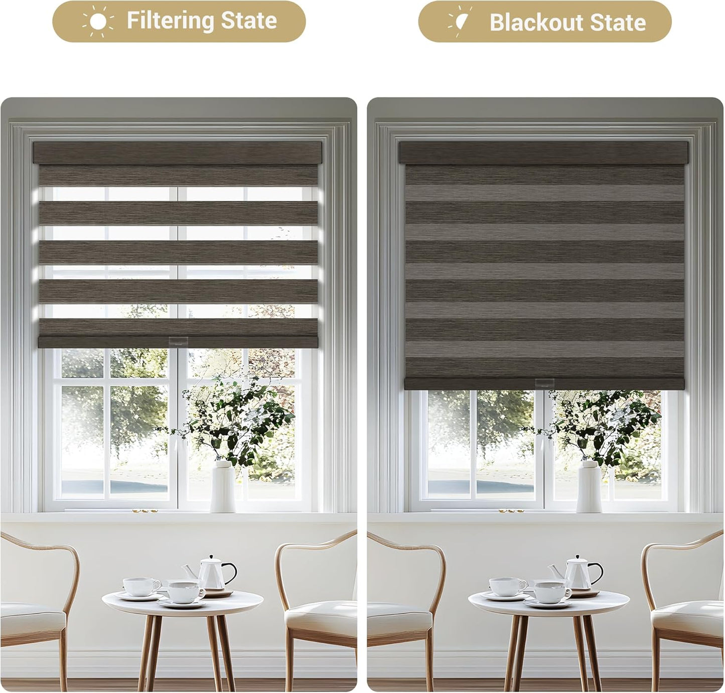 Cordless Zebra Blinds for Windows, Blackout Interior Blinds,Easy to Install,UV Protection,for Offices and Home,Custom Roller Shades, Mousse Dark Bown,85" W x 48" H