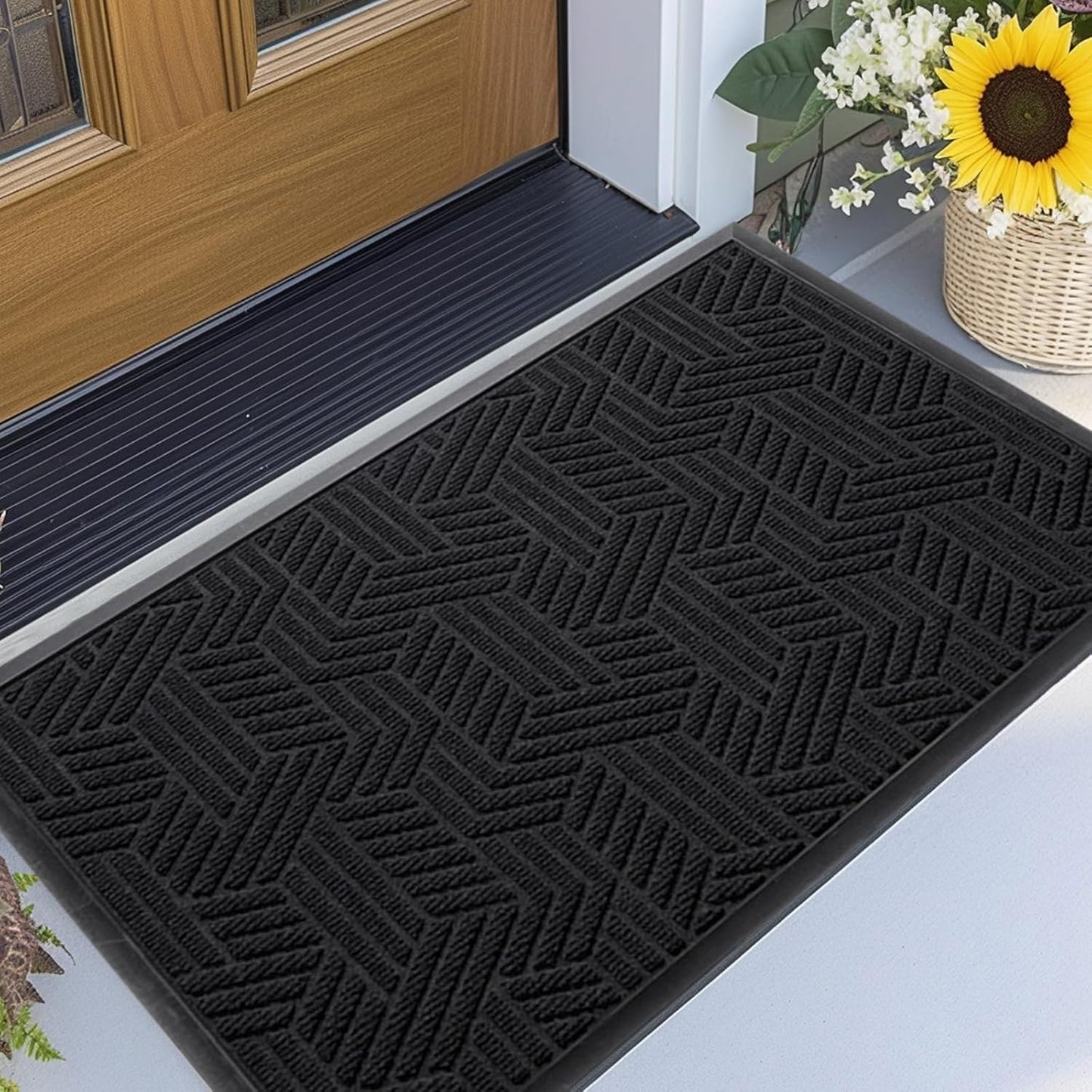 Front Door Mat 36"x24" Indoors Outdoors Welcome Mats, Waterproof Non-Slip Rubber Backing Heavy Duty Doormat Outside Entrance, Low Profile Entryway Rugs Floor Mat for Patio, Pattern B Black
