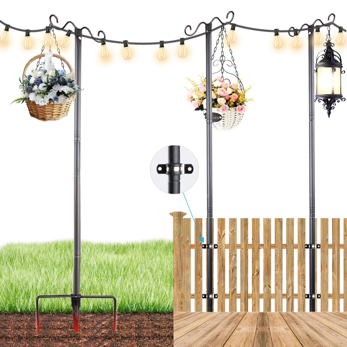 Lightdot Outdoor String Light Poles, 9FT Metal Patio Stand, 3Pack, Black, Model LSTM-G40-H