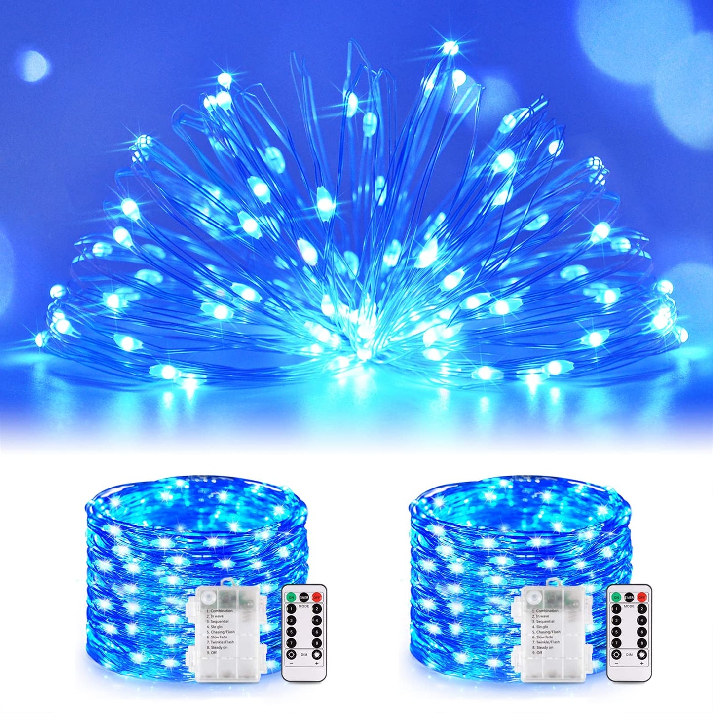 Jmexsuss 2 Pack Blue Fairy Lights, 200 Led 66Ft Waterproof String Lights With Remote Timer, Indoor Decor For Bedroom, Wedding, Party