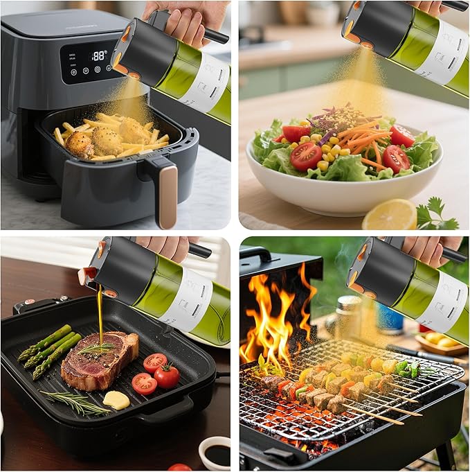 Upgrade 2 in 1 Oil Sprayer for Cooking, Olive Oil Dispenser Bottle for Kitchen Gadgets with Stickers, 17oz/500ml Food Grade Light-Blocking Glass Spray Bottle for Salad, Air Fryer, BBQ