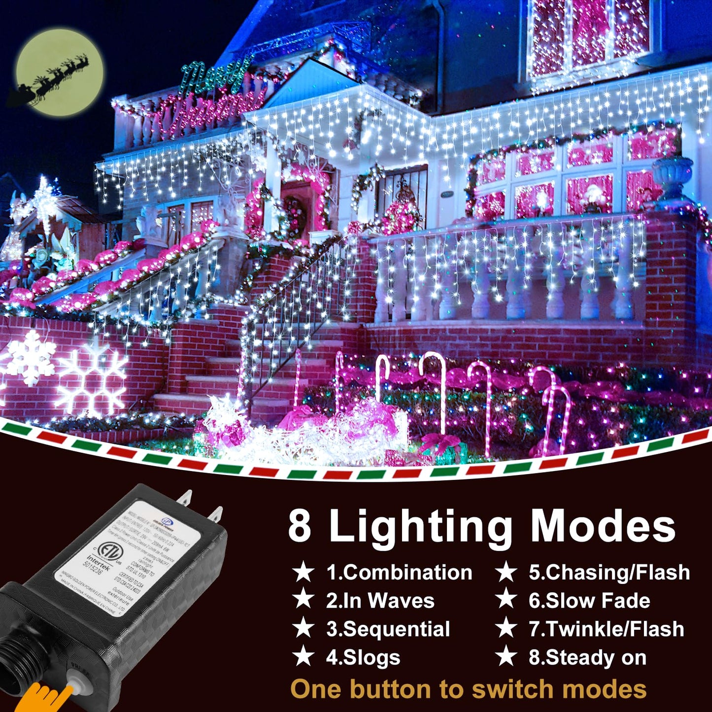 KNONEW Outdoor Decorative String Lights, 1216 LED, 99ft, 8 Modes, Plastic, Cool White