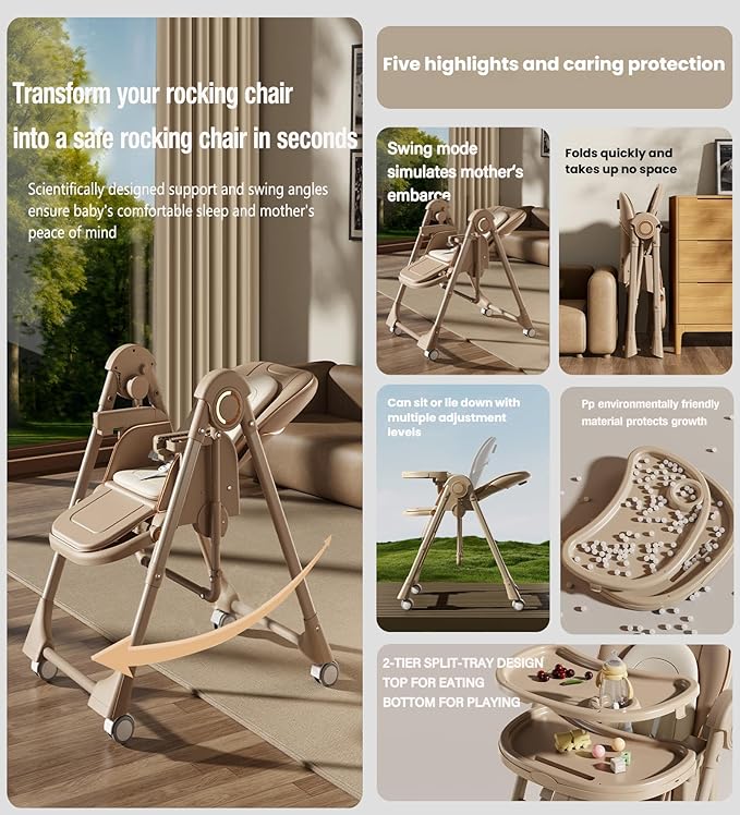 Nine point nine PU Leather Baby High Chair with Swinging Function, High Chairs for Babies and Toddlers, Removable Double Tray Baby Seat Feeding Chairs (8121 Grey)