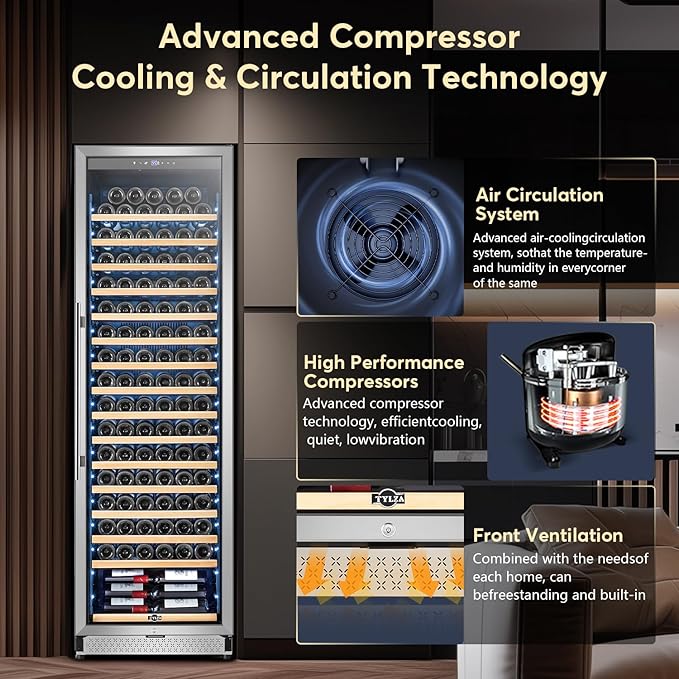 Tylza Wine Fridge 24 Inch, 189 Bottles Large Wine Cooler Refrigerator, Built-in or Freestanding Tall Wine Cooler Commercial with Upgraded Compressor, Low Noise, Fast Cooling
