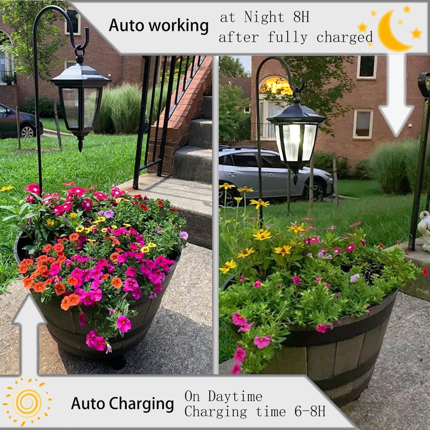 Viewsun Solar Hanging Lights, Waterproof Plastic Lanterns, 2 Pack, White, with Shepherd Hooks for Garden, Patio, Backyard, Pathway Decor