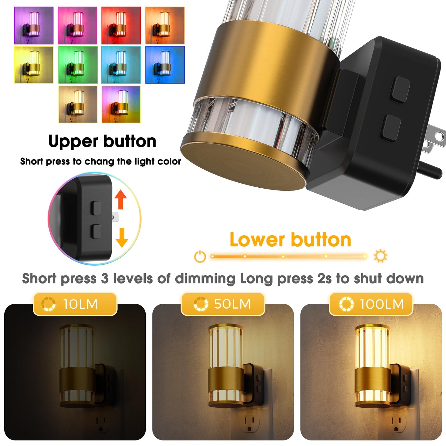 L LOHAS LED Night Light, 10-Color RGB, Dusk to Dawn Sensor, 1 Pack, Gold Ring-Stripe RGB, Model A-GY22509US