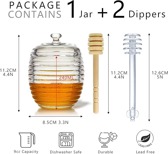 kanpura 9oz Glass Honey Dispenser, Glass Honey Jar with Dipper,Clear Crystal Honey Pot for Christams Home Kitchen Decor,Store Honey and Syrup,Easy to Clean