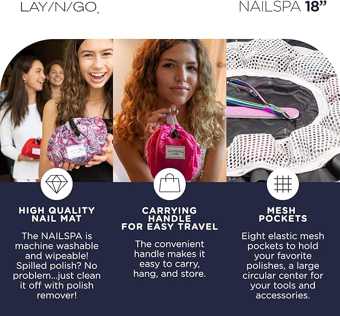 Lay-n-Go NailSpa Drawstring Cosmetic Bag - Portable Nail Supplies Organizer Bag w/ 8 Elastic Mesh Pockets & Circular Center -Durable, Machine Washable Nail Kit Organizer (18", Violet Floral [Purple])