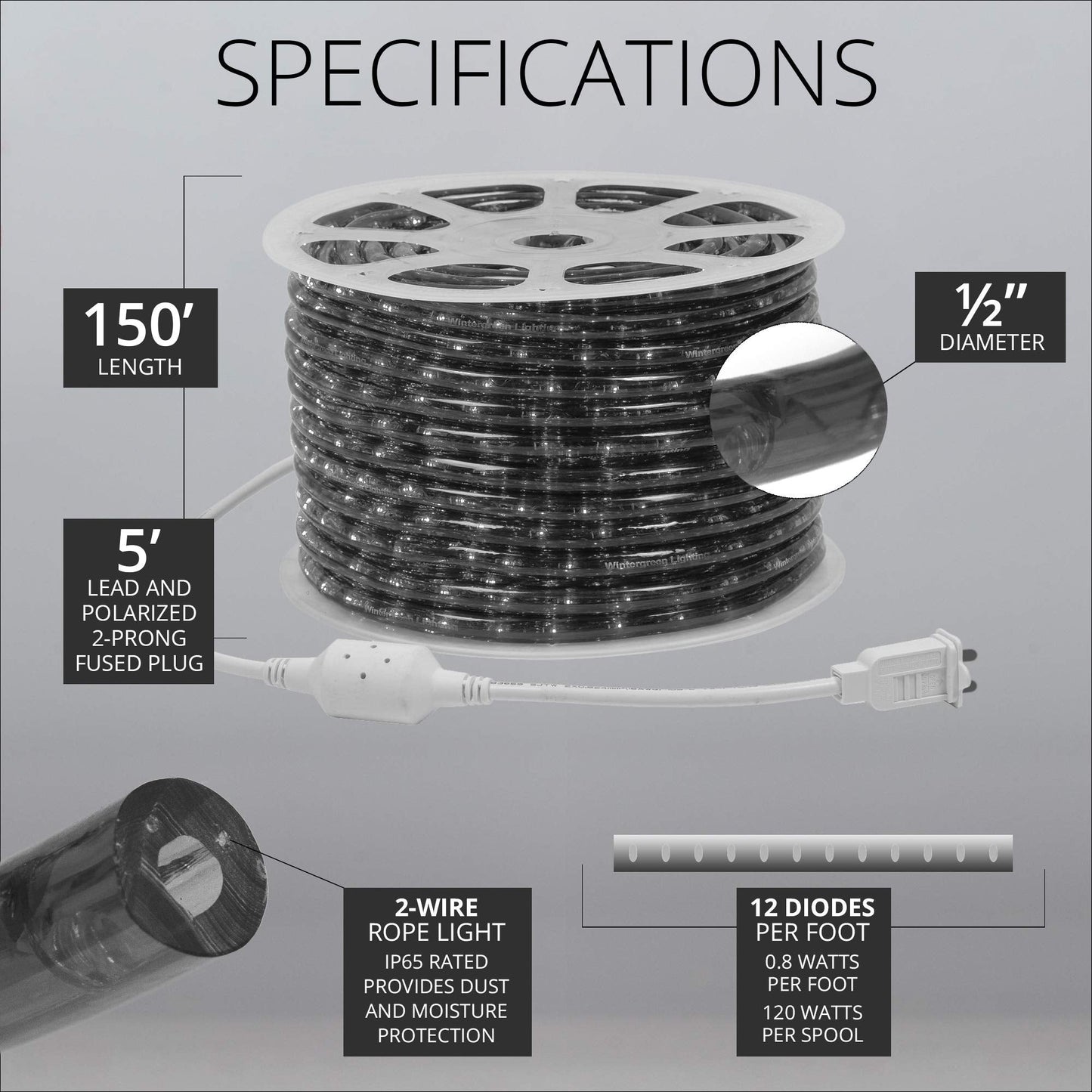 Wintergreen Lighting Blue LED Rope Light Kit, 150ft, PVC, Model WG-LED-13Y-1E-#22-36-18, Flexible Indoor/Outdoor Use