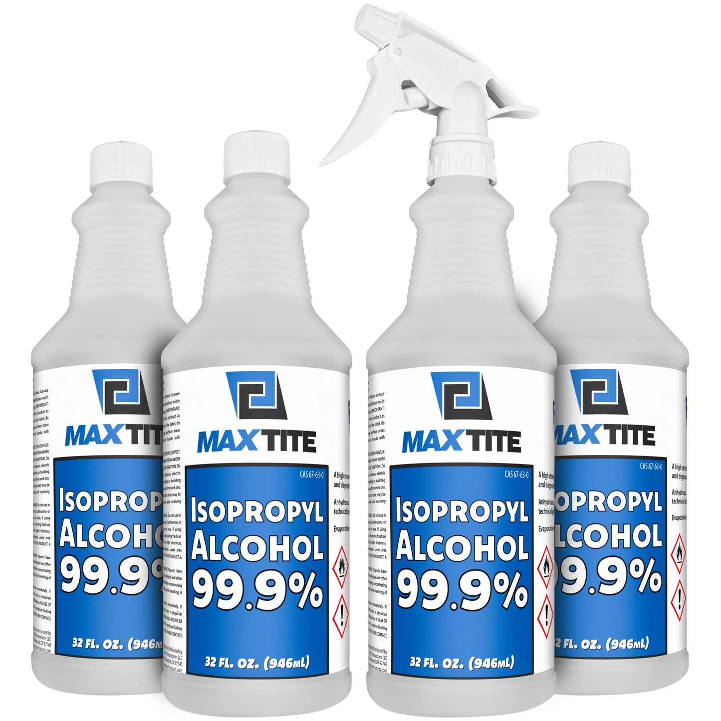 MaxTite 99.9% Isopropyl Alcohol (1 Gallon (4 Pack, 32 fl oz) - Comes with Heavy-Duty Spray Nozzle - Made in USA