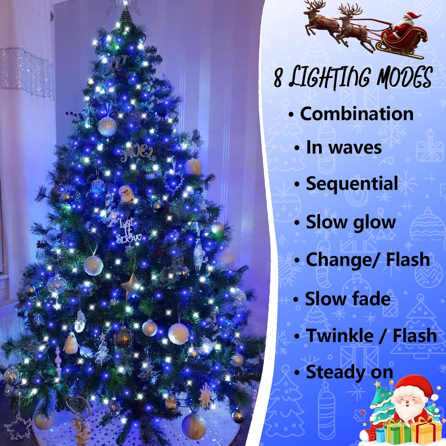 Yeguo 500 Led Christmas Lights, 165Ft Blue And White Waterproof String Lights, 8 Modes Indoor/Outdoor Decor