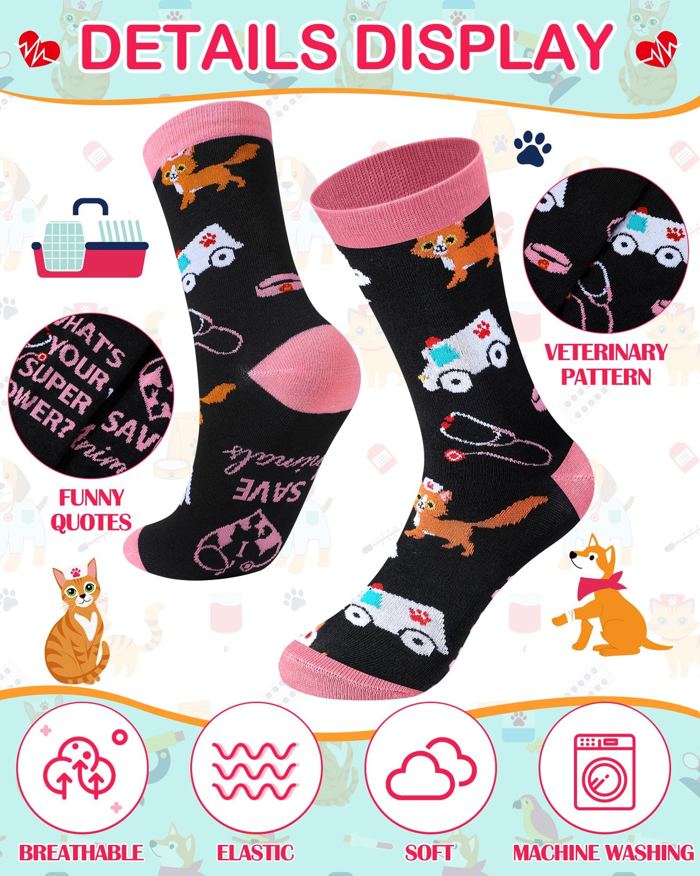 Skicuff 6 Pairs Veterinary Socks for Women Men Novelty Veterinarian Cotton Crew Socks Veterinary Week Gift for Pet Doctor Vet Tech