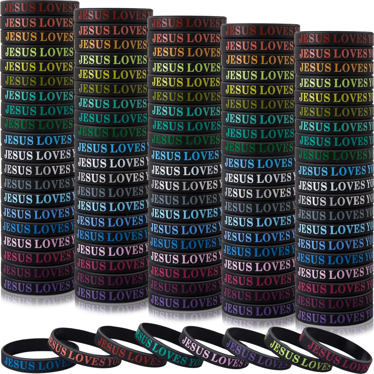 IDREAMBAND 100 Pcs Jesus Loves You Colorful Rubber Bracelets - Christian Rubber Wristbands for Men, Women & Party Favors