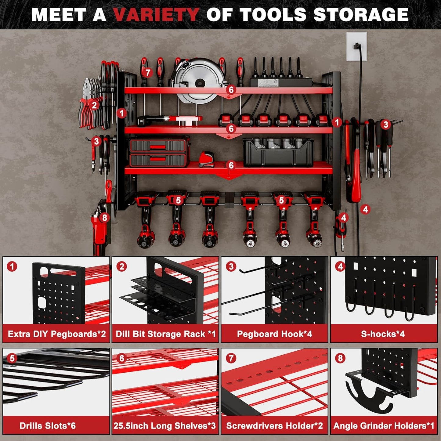 Power Tool Organizer Wall Mount with Charging Station 4 Layer 6 Slot Cordless Drill Holder with Angle Grinder Holder (Red)