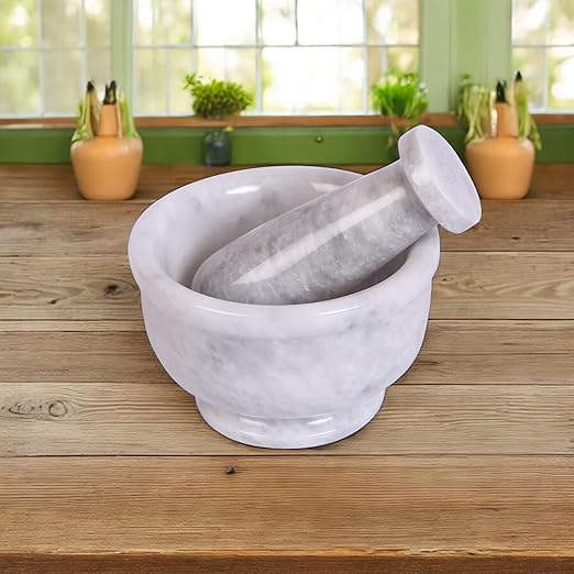 Exquisite Marble Mortar and Pestle Set - Your Ultimate Kitchen Essential for Grinding Spices, Making Guacamole, Salsa, Pesto, and Crushing Pills (White, Bowl Shape (4"))