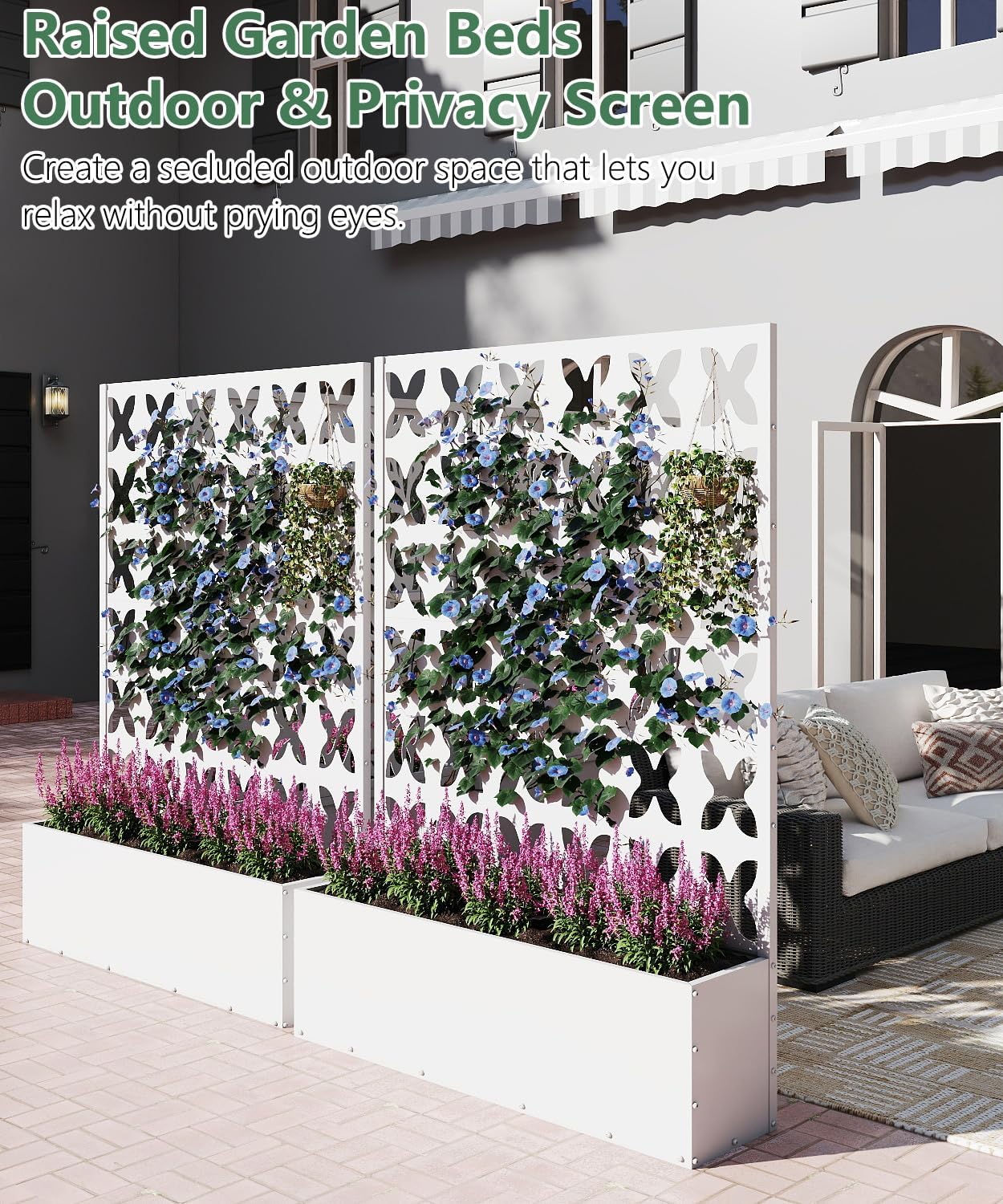 2PCS Metal Planter Box with Trellis,70.9"x47.2"x15.7" Raised Garden Bed with Drainage Holes, Privacy Planters for Outdoor Garden Bed for Climbing Plants,Vegetables,and Vines, White-X