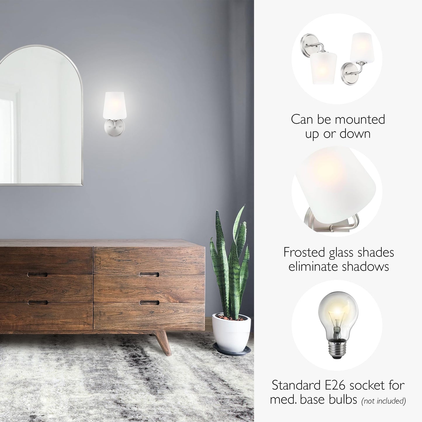 Design House Stasia Wall Sconce, 1-Light, Frosted Glass, Dimmable, Satin Nickel, 5.4 in L x 6.7 in W x 10.9