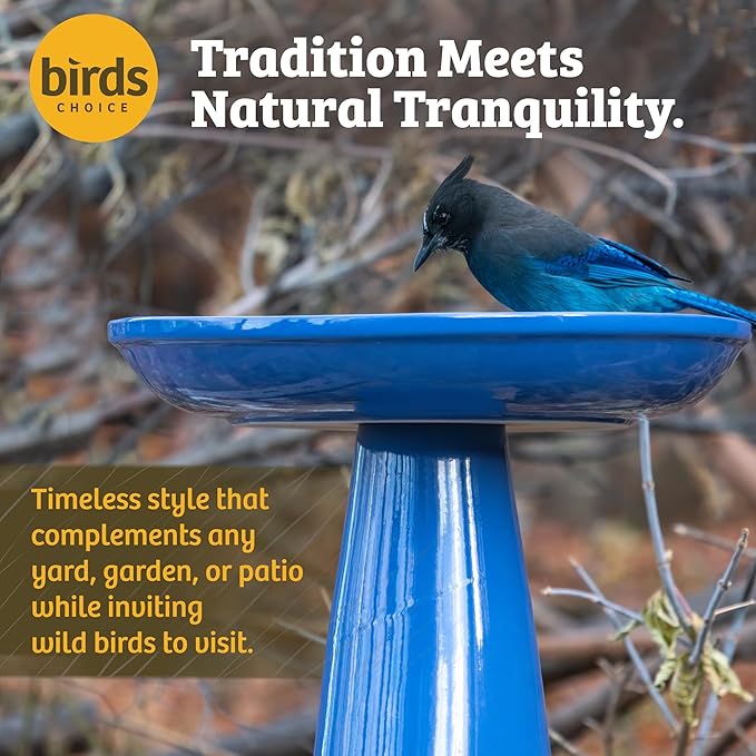 Birds Choice Ohio Stoneware Bird Bath | Pedestal Bird Bath, Stable Locking Top | Weather-Resistant Ceramic Clay, Glazed Finish | Outdoor Garden & Patio Decor | 22" H x 17" D, Midnight Blue