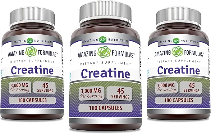 Amazing Formulas Creatine Monohydrate 3000 Mg Per Serving Supplement | 180 Capsules | Non-GMO | Gluten Free | Made in USA (3 Pack)