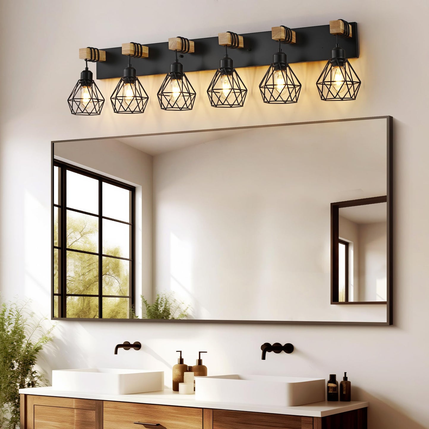 Farmhouse Bathroom Vanity Light Fixtures  6-Light Wood Bathroom Light Fixtures Over Mirror  Rustic Sconces Wall Lighting With Elegant Metal Lampshade For Living Room  Bedroom  Hallway