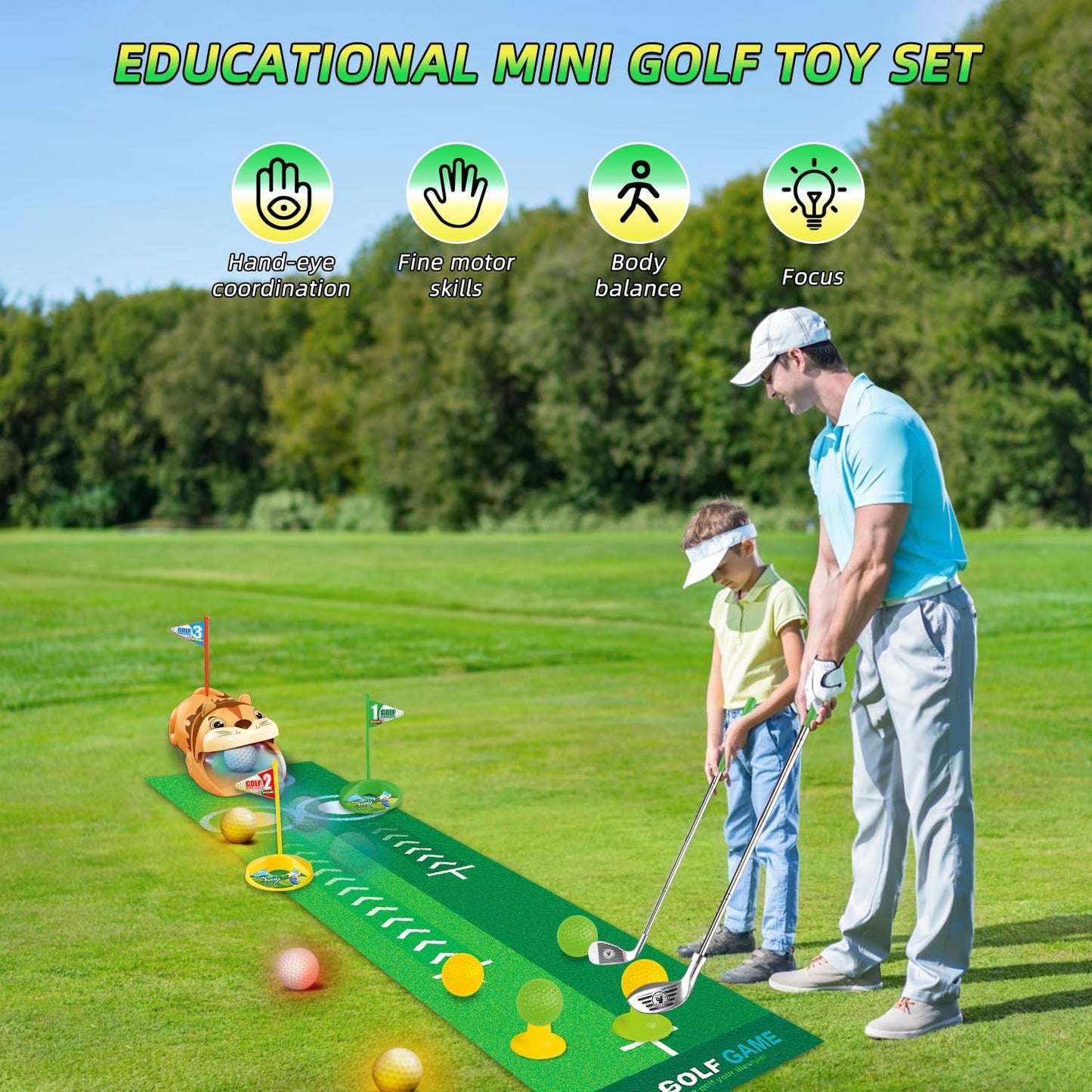 Toddler Golf Set for Age 3+ - Kids Golf Clubs Retractable with Light Automatic Golf Returner, 4 Glow Golf Balls and Putting Mat - Golf Games Sports Toys Gift for Outdoor Indoor Play