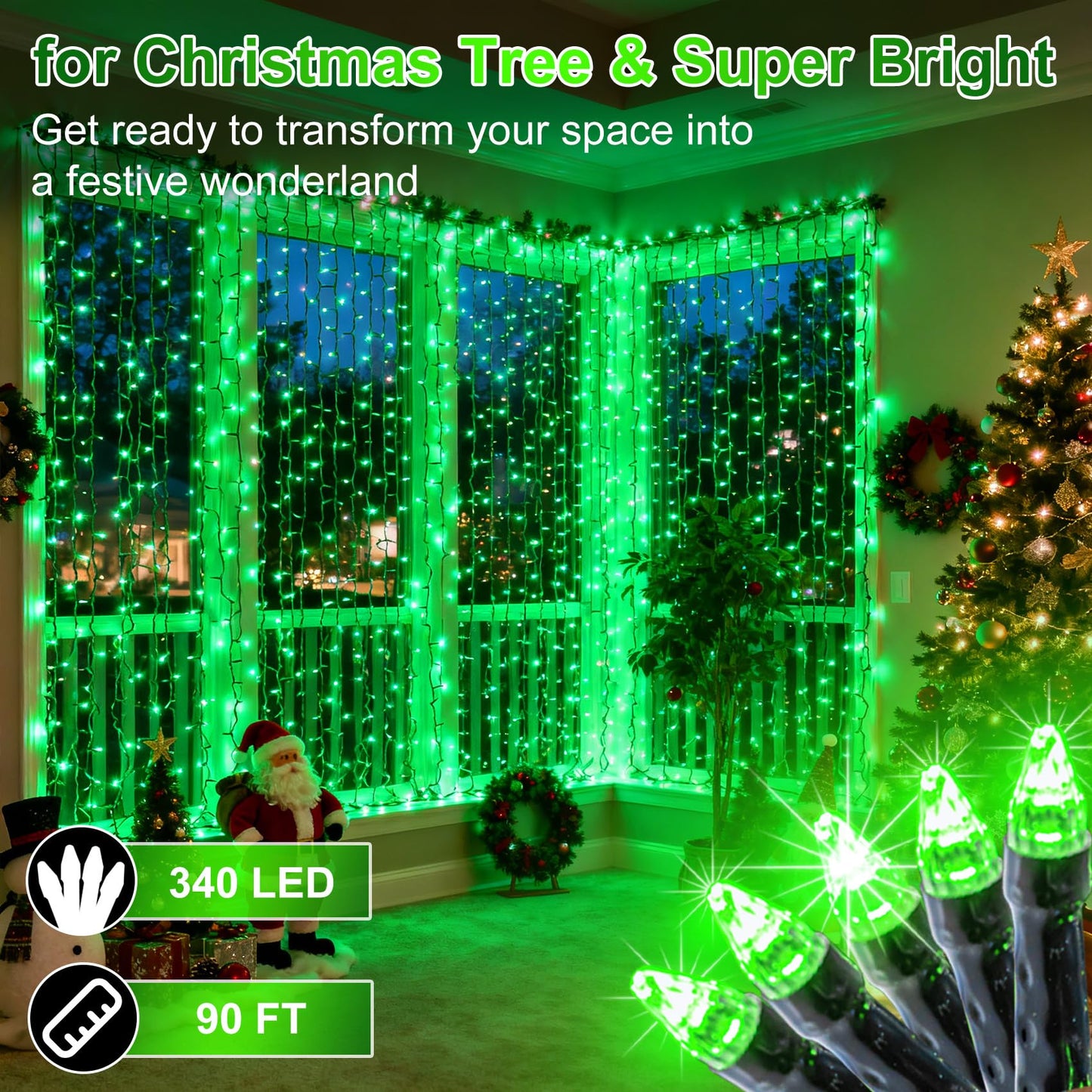 340 Led 90Ft Christmas String Lights Outdoor  12 Pro Modes And Timer Memory & Brightness  Plug In Waterproof Dark Green Wire Twinkle Light For For Xmas Yard Tree Wedding Party Decor (Green)